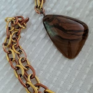 Vintage Brown Metal Wood Chain Pendant Necklace
